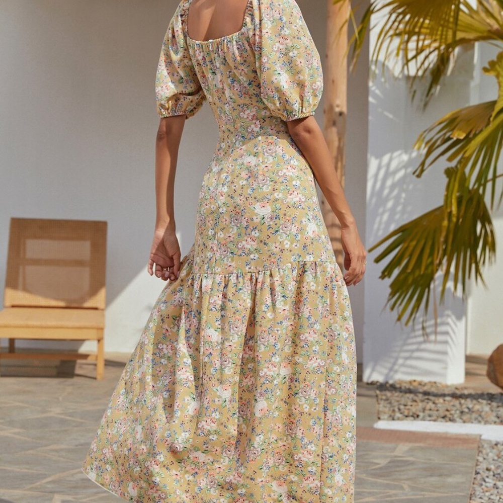 Boho Yellow Floral Button Puff Sleeve Midi Dress - Picture 5 of 6